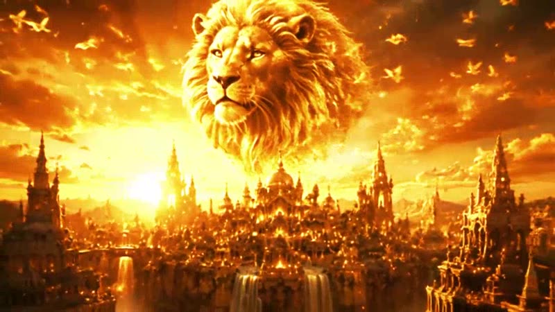 Golden lion rising over a gilded city