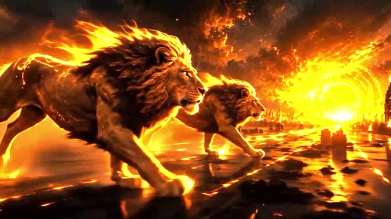 Fire lions running through a burning street